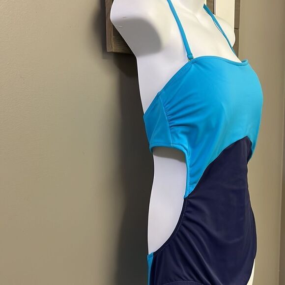 J. Crew Blue One Piece Halter Swim Suit with Cutout Back-& Metal Closure-Size 12 - Picture 4 of 16